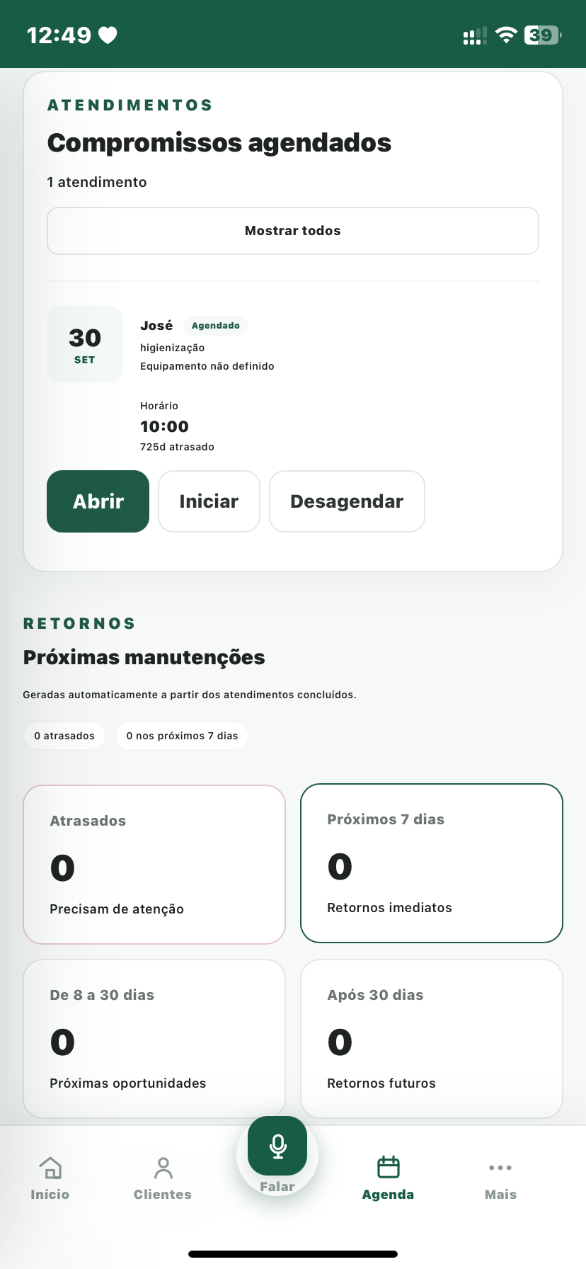 Agenda de atendimentos e próximas manutenções